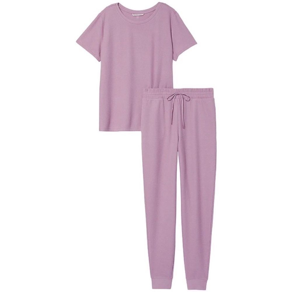 Victoria’s Secret Glow Waffle Tee Jogger thermal Pajama Set loungewear Lilac XXL